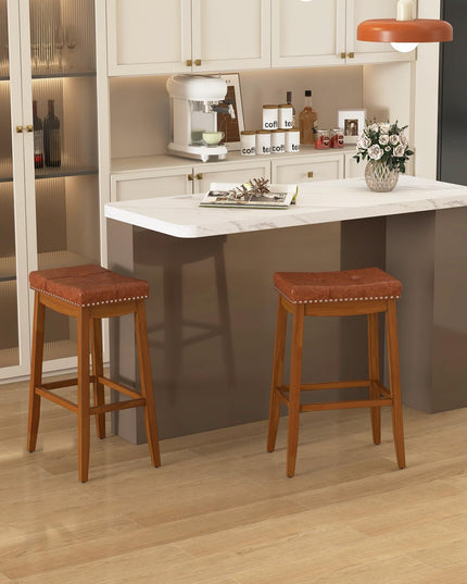 Giantex Bar Stools Set, 29" Counter Height Bar Stools w/Saddle Seat, Footrest, Rivet, Button Tufted, Rubber Wood Frame