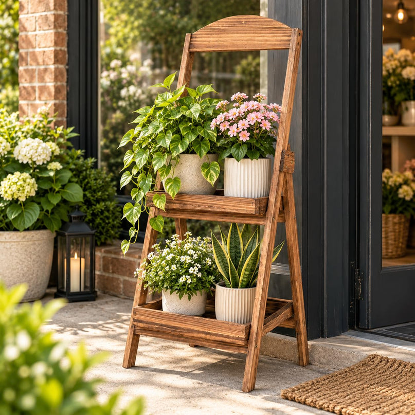 GIANTEX 2-Tier Ladder Plant Stand with Raised Edges
