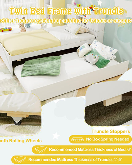 Giantex White Twin Size Bed Frame with Trundle and Bookcase Headboard