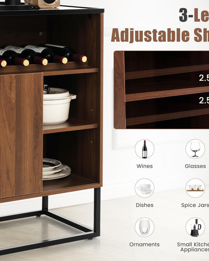 Giantex Wine Bar Cabinet, Small Sideboard Buffet Cabinet with Tempered Glass Top, Adjustable Feet & Shelf, Sliding Door