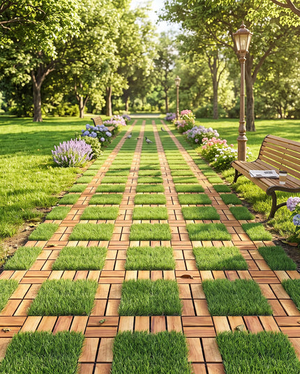 GIANTEX 30 PCS Interlocking Acacia Wood & Artificial Grass Deck Tiles