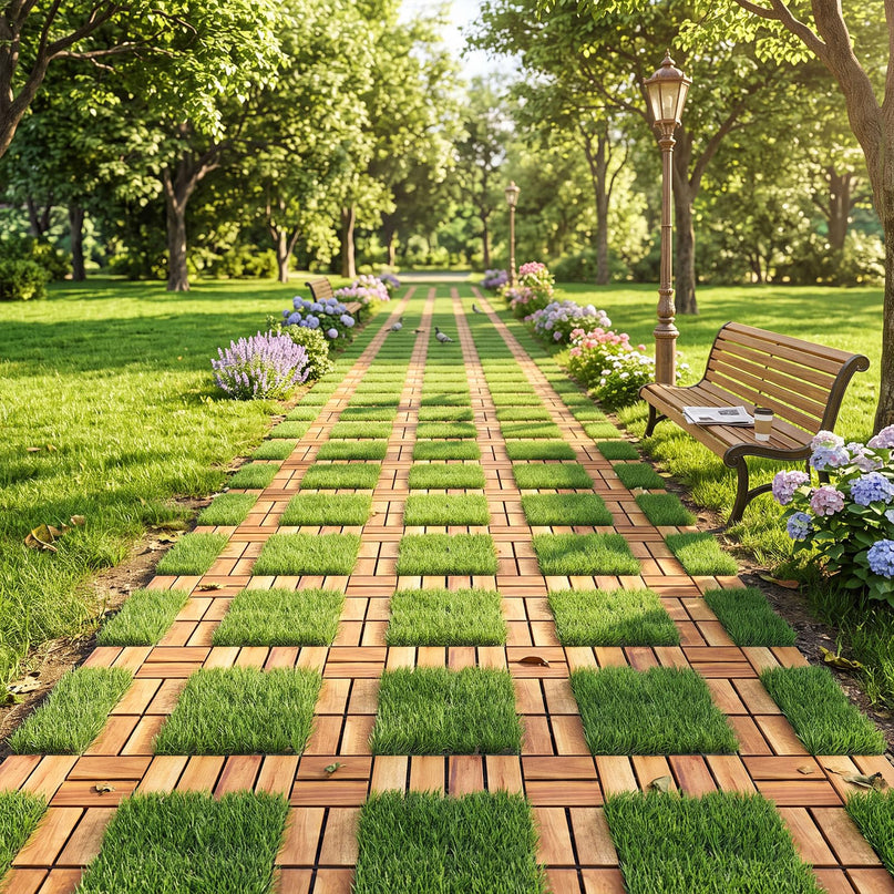 GIANTEX 30 PCS Interlocking Acacia Wood & Artificial Grass Deck Tiles
