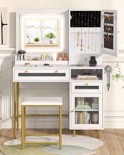 CHARMAID Vanity Desk with Mirror and Lights, White Makeup Vanity Desk with Jewelry Storage