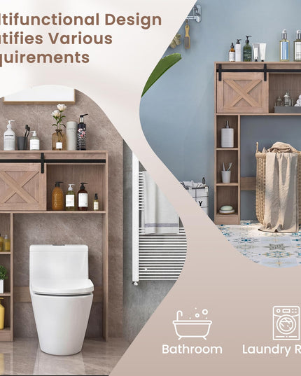 Giantex Over The Toilet Storage Cabinet - Freestanding Bathroom Organizer with Sliding Barn Door & Storage Shelves