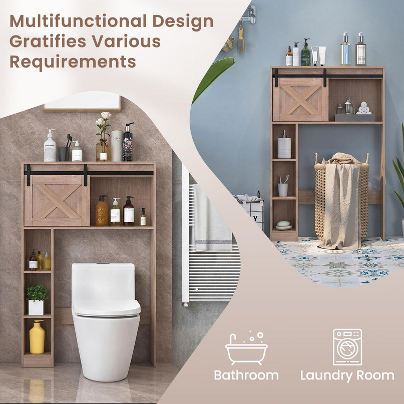 Meuble de rangement sur les toilettes Giantex - Organisateur de salle de bain autoportant avec porte de grange coulissante et étagères de rangement