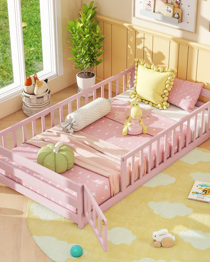 Giantex  Floor Bed with Door & Fence Kids Wood Montessori Bed