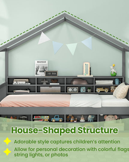 Giantex Twin Size House Bed with Storage, Wooden Montessori House Bed with 14 Storage Cubes