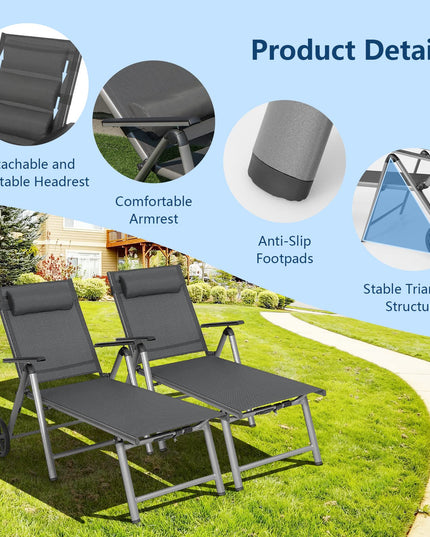 Giantex Chaise Lounge Outdoor Chair- Patio Folding Lounge Chair with Wheels, 7 Adjustable Level