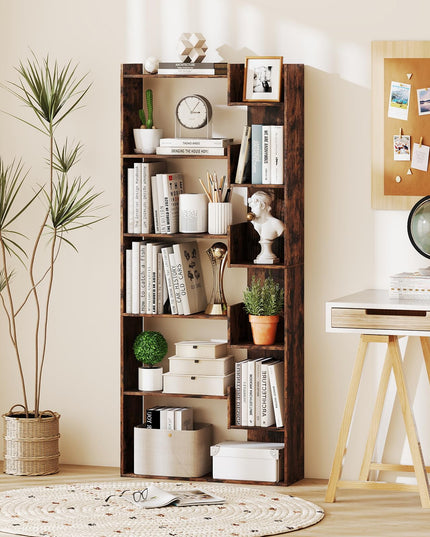 Giantex 6-Tier Bookshelf Wooden Bookcase with Staggered Shelves