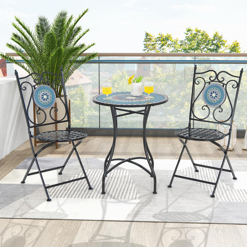 Giantex Patio Folding Chairs, Mosaic Bistro Chairs w/Backrest & Round Seat for Porch Balcony Lawn