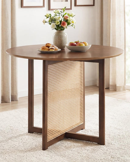 Giantex 37.5" Farmhouse Kitchen Table with Solid Rubberwood Pedestal & Rattan Base