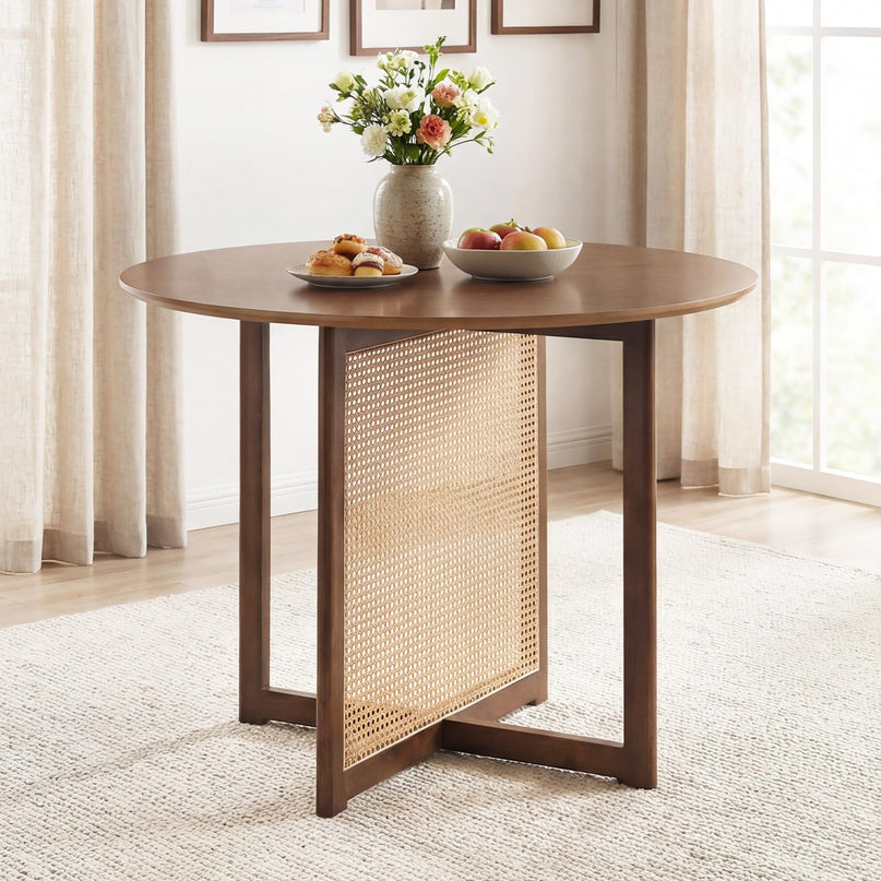 Table de cuisine de ferme Giantex de 95,2 cm avec pied en bois d'hévéa massif et base en rotin
