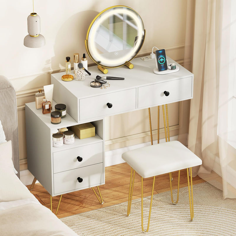 Coiffeuse avec miroir lumineux et station de charge pour chambre de fille