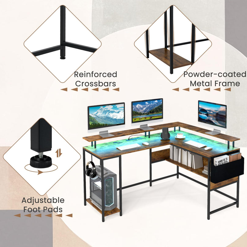 Giantex L Shaped Desk with LED Light & Power Outlets Ergonomic Home Office Desk