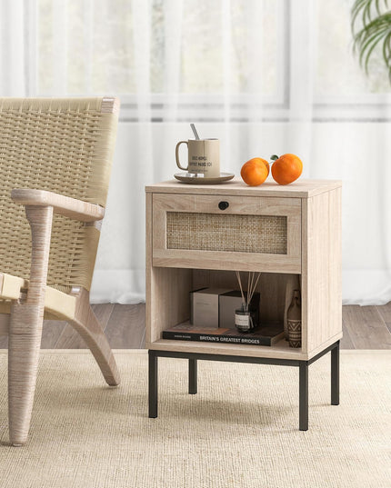 Giantex Rattan Nightstand with Drawer, Boho Side Table with 4 Metal Legs and Open Storage Shelf