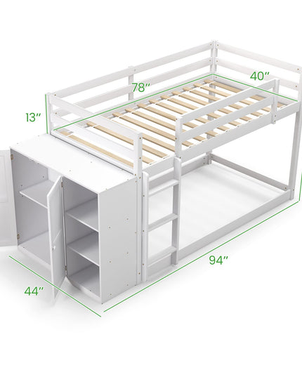 Giantex Twin Over Twin Bunk Bed with Storage Shelves, Solid Wood Bunk Bed Frame with Convertible Bookcase & Ladder, White