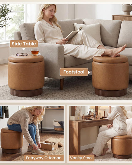 Giantex Round Ottoman with Storage 360° Swivel Faux Leather Vanity Stool