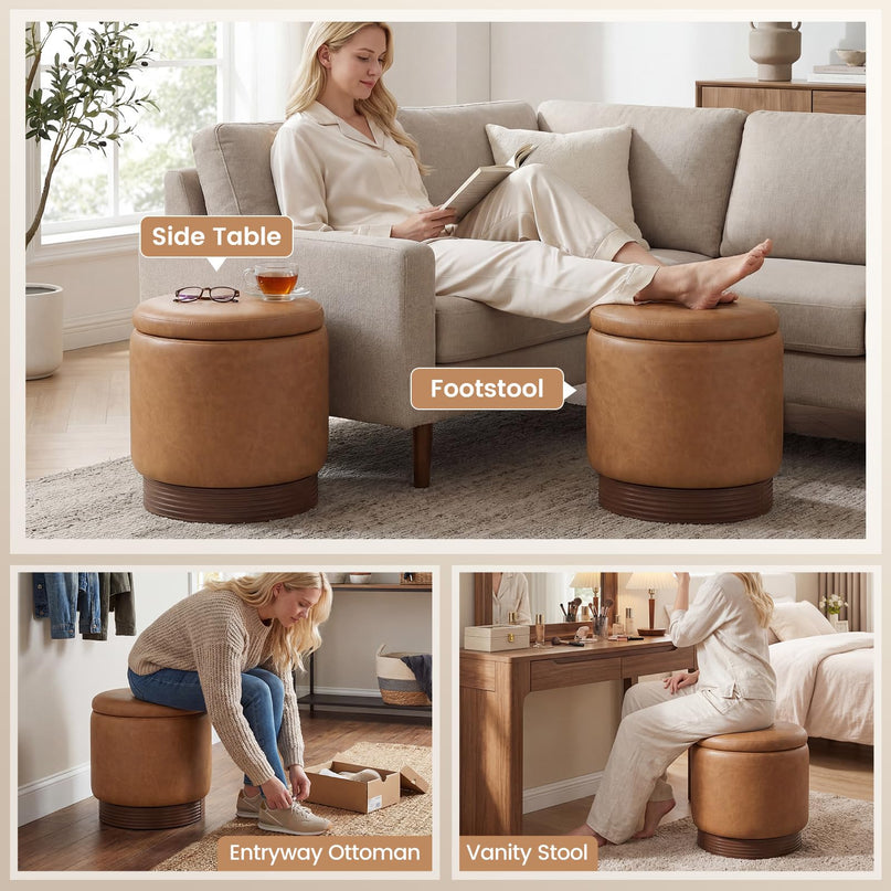 Giantex Round Ottoman with Storage 360° Swivel Faux Leather Vanity Stool