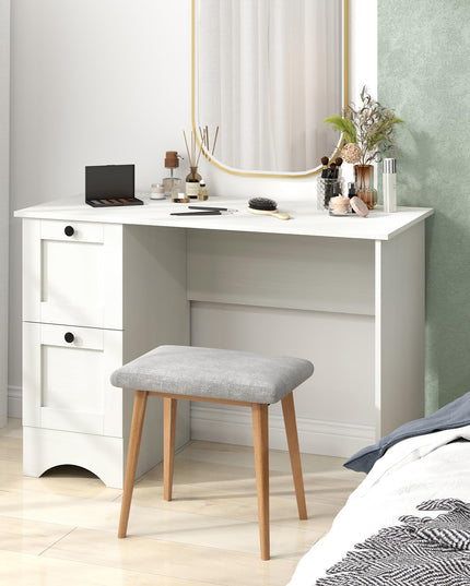 Giantex White Desk with 2 Drawers, 43” Wooden Home Office Desk with Charging Station