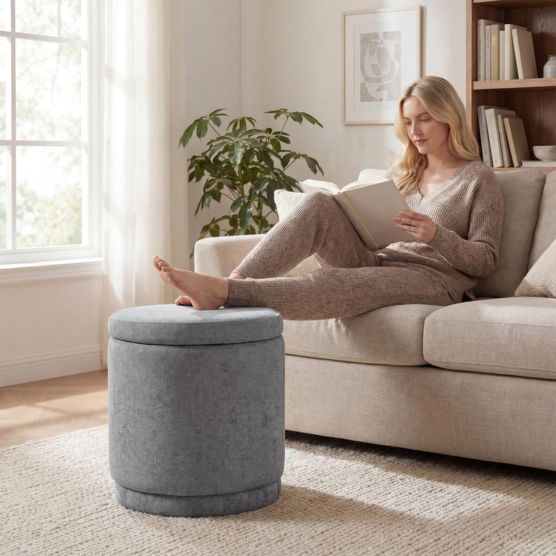 Giantex Round Ottoman with Storage Chenille Fabric Vanity Stool