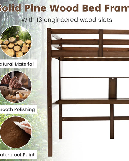 Giantex Twin Loft Bed with Desk and Bookshelf, Wooden Bed Frame with Safety Guardrail & Ladder