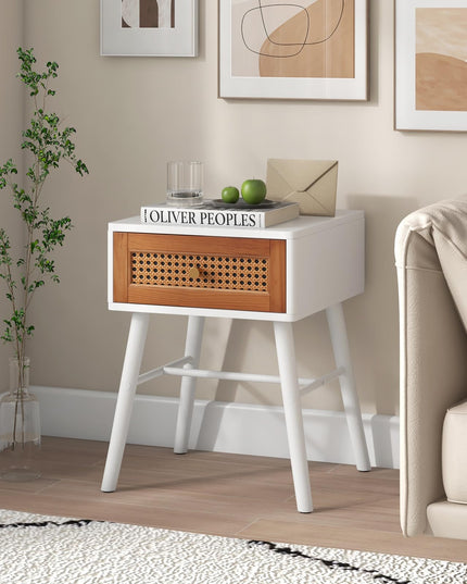 Giantex Rattan Nightstand, Mid Century Modern End Table with Handwoven Rattan Decorated Drawer