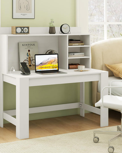 Giantex Computer Desk with Hutch, Modern Home Office Desk with Power Outlets, Storage Shelves & Cable Hole