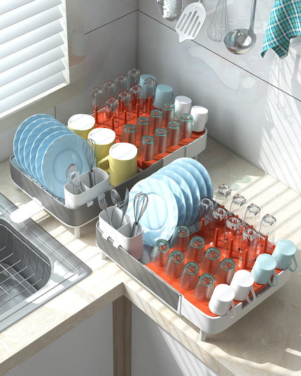 Giantex Expandable Dish Drying Rack - Adjustable Dual-Part Dish Drainer with Detachable Utensil Holder