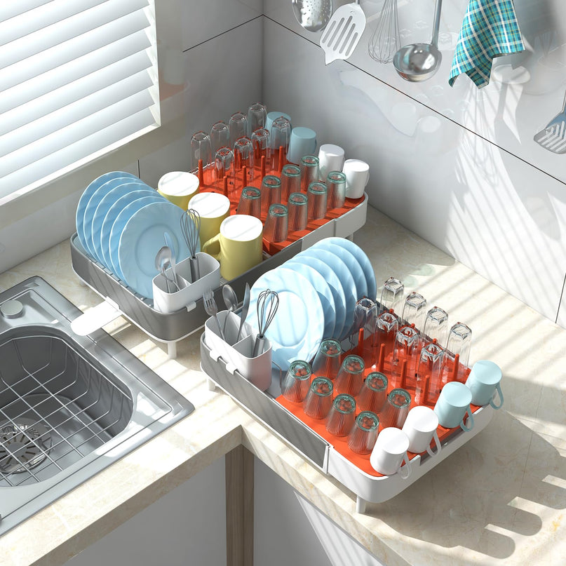 Giantex Expandable Dish Drying Rack - Adjustable Dual-Part Dish Drainer with Detachable Utensil Holder