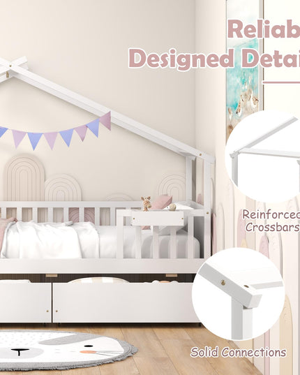 Giantex Twin House Bed with Drawers, Wooden Twin Bed Frame with Cube Storage & Fence Rails