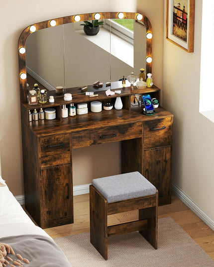 Large Vanity Desk with Arched Mirror and Lights for Bedroom