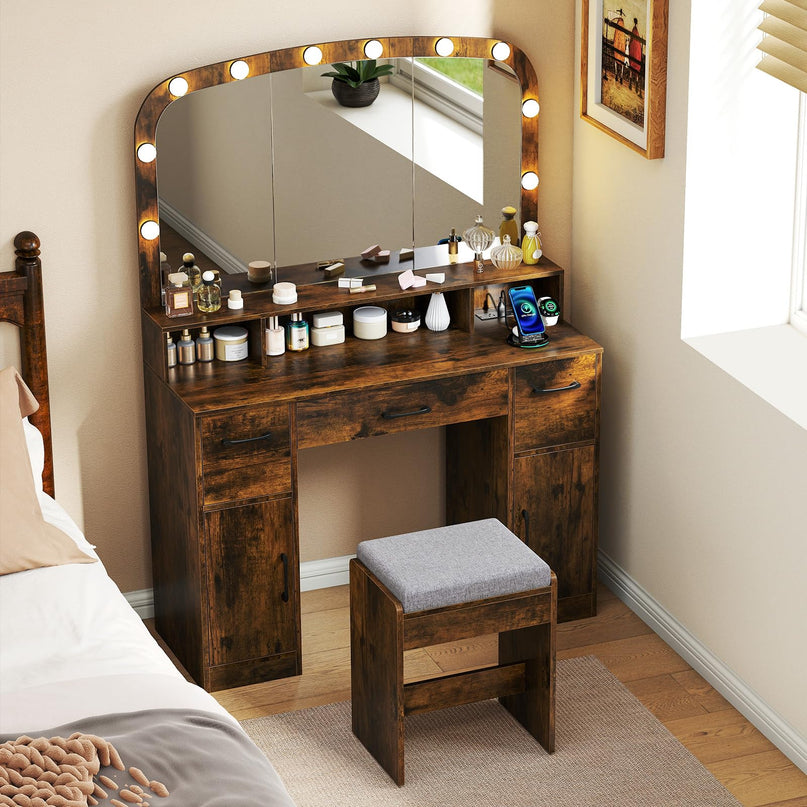 Large Vanity Desk with Arched Mirror and Lights for Bedroom