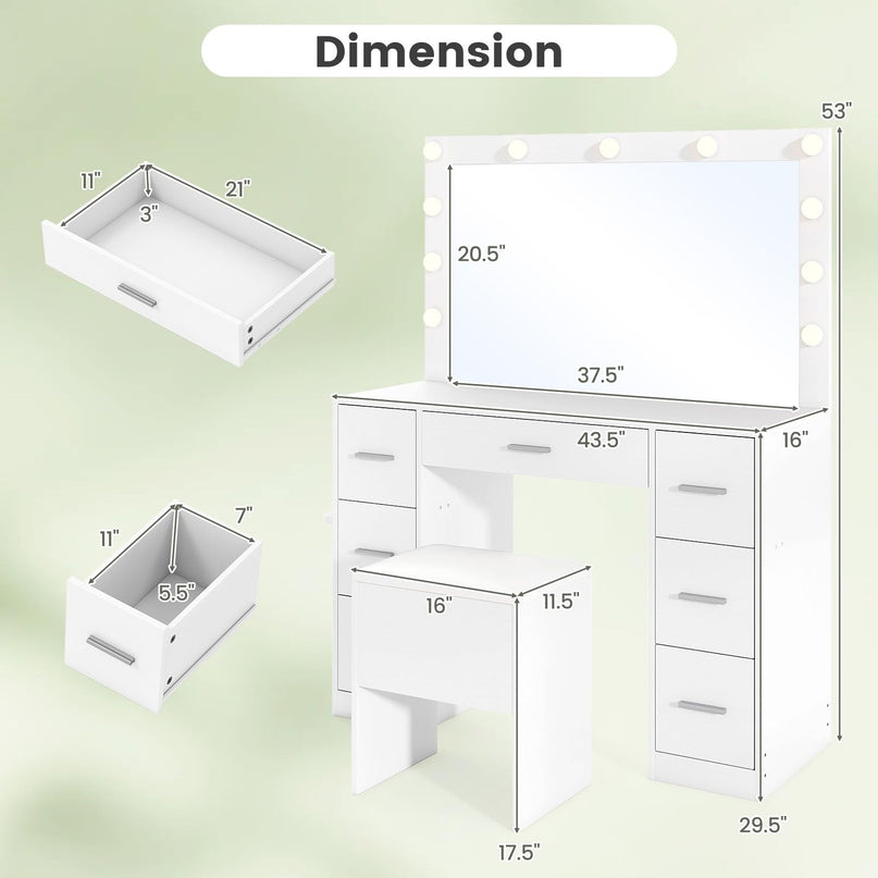 Vanity Desk with Large Mirror and Lights for Bedroom