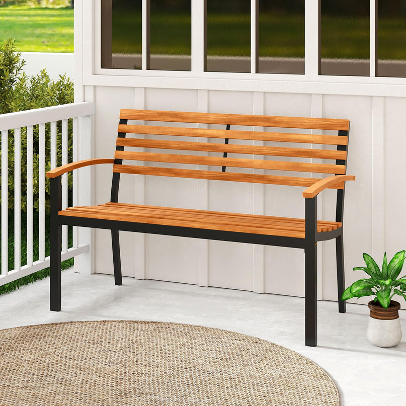Giantex Outdoor 2-Person Bench with Slatted Backrest & Seat Armrests