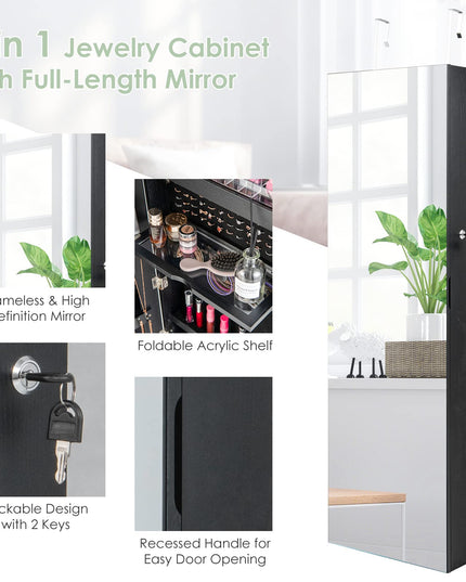 CHARMAID Wall/Door Mounted Jewelry Armoire with 3-Color LED Lights, 47.2"H Full Length Mirror
