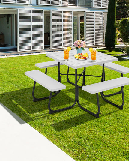 Giantex Picnic Table Set for 4-8 Persons, Outdoor Table and Bench Set with Umbrella Hole, HDPE Top & Metal Frame