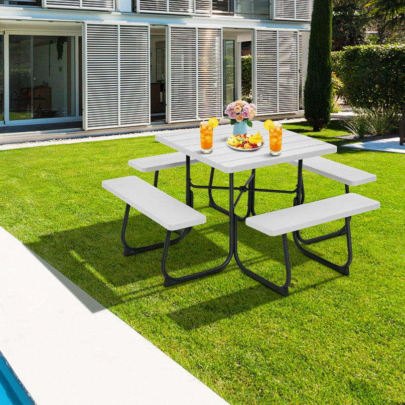 Giantex Picnic Table Set for 4-8 Persons, Outdoor Table and Bench Set with Umbrella Hole, HDPE Top & Metal Frame