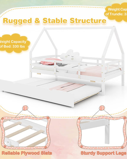 Giantex Twin House Bed with Trundle, Wood Kids Bed Frame with Roof & Fence Rails