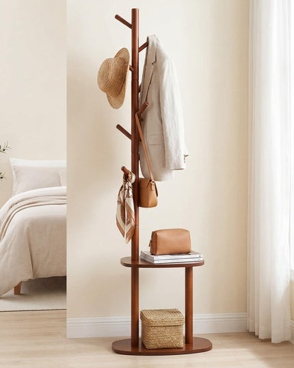 Giantex Coat Rack Freestanding | 70" Solid Wood Clothing Rack with 8 Hooks and 2 Storage Shelves