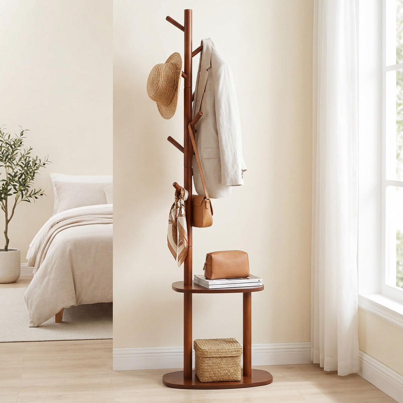 Giantex Coat Rack Freestanding | 70" Solid Wood Clothing Rack with 8 Hooks and 2 Storage Shelves
