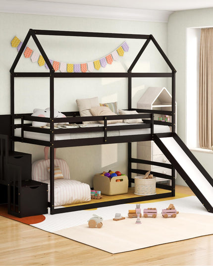 Giantex House Bunk Bed Twin Over Twin with Slide and Storage Stairs, Solid Wood Low Loft Bed Frame with Roof & Guardrail