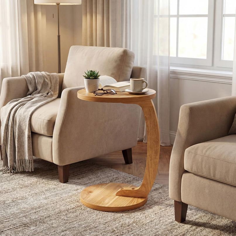 Giantex Tables d'appoint rondes en C en bois de teck massif (24 po), ensemble de 1 ou 2, tables d'extrémité pour canapé ou chevet