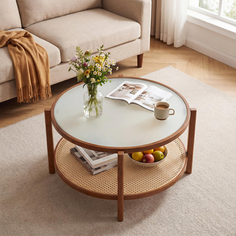 Giantex Rattan 35" Farmhouse Glass Center Table with Storage