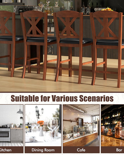 Giantex Wood Bar Stools Set, 24" Upholstered Counter Height Bar Chairs w/Hollowed High Back