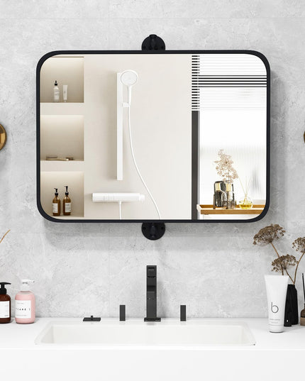 CHARMAID Pivot Mirror for Bathroom - 30'' x 22'' Tilt Beveled Vanity Mirror Black Metal Framed