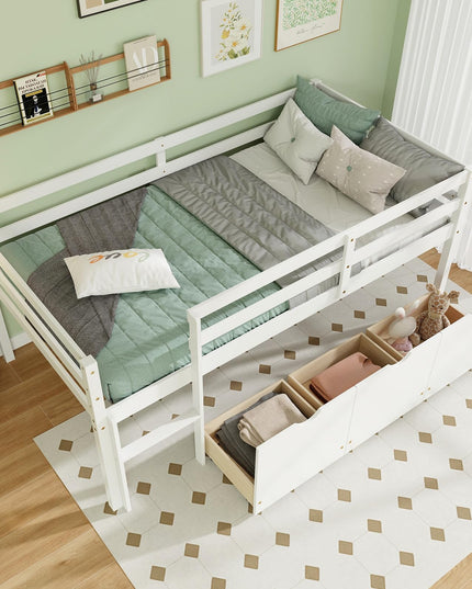 Giantex Twin Low Loft Bed with 3 Drawers, Wooden Loft Bed Frame with Ladder & Full-length Guardrails