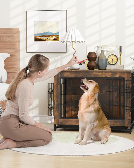 Giantex Dog Crate Furniture - Dog Kennel Side Table with Double Doors & Removable Pull-Out Tray