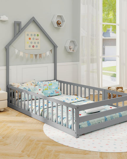 Giantex Twin Floor Bed, House-Shaped Montessori Bed Frame with Headboard, Full-Length Guardrail