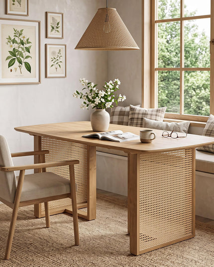 GIANTEX 55" Solid Rubber Wood Dining Table for 4-6 with Rattan Pedestal