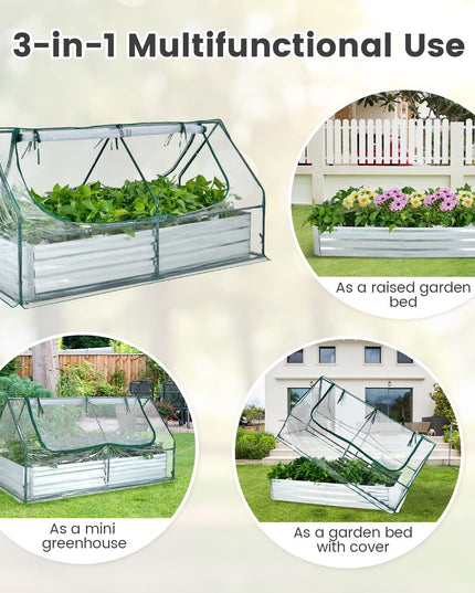Giantex Galvanized Steel Raised Garden Bed with Mini Greenhouse, Outdoor Metal Planter Box Kit with Large Roll-up PVC Cover